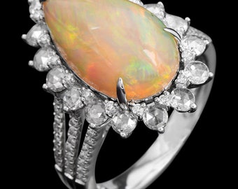 18K Gold Fiery Opal 4.83 carat Diamond Wide Cabochon Statement Ring