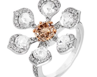 18K Gold Rose Cut Fancy Color Diamond 2.81cts Floral Cocktail Ring