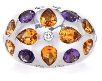 Modern Diamond Amethyst Citrine Gold Flower Dome Ring