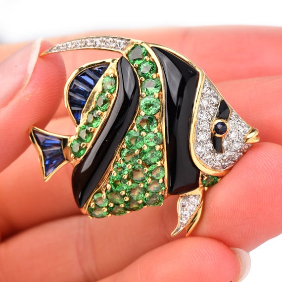 Multi Gem Tsavorite Onyx Diamond Fish Pin Pendant - image 2
