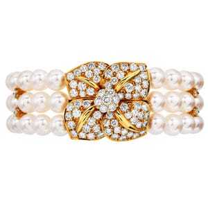 Estate Mikimotto 4.00cts Diamond Pearl 18K Gold Three Strand Flower Bracelet