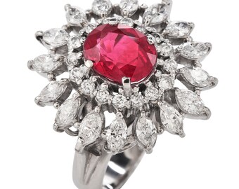 Estate GIA Ruby 3.65ct Diamond Platinum Floral Cocktail Ring