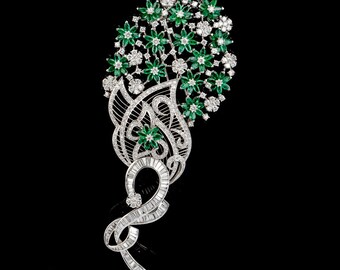 Large Peacock Emerald Diamond 18K Gold Floral Spray Brooch 17.85 carats