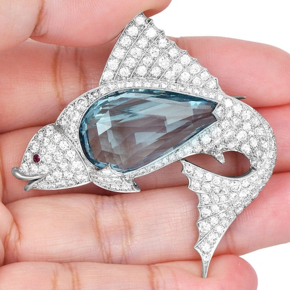 Antique Deco Sailfish Aquamarine Diamond Platinum… - image 6