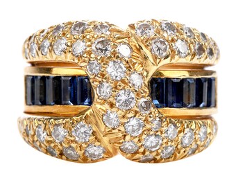 Estate Retro Diamond Sapphire 18K Gold 'X' Band Ring