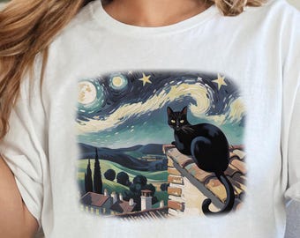 Van Gogh Cat T-Shirt: Museum Parody Tee, Cat Mom Gift
