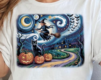 Van Gogh Cat Halloween T-Shirt: Witch & Black Cat Design