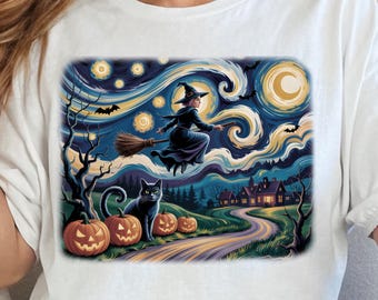 Halloween Cat Shirt: Van Gogh Style Witch, Black Cat, Pumpkins
