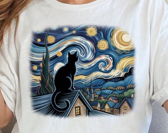 Van Gogh Cat T-Shirt: Starry Night Parody, Cat Mom Gift