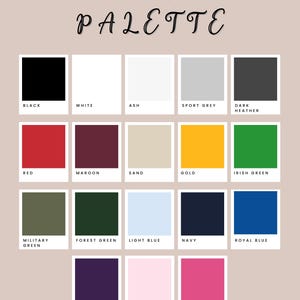 May include: A color palette chart featuring 18 color swatches, each labeled with a color name. Colors include black, white, red, gold, and various shades of green, blue, and pink. The words "COLOR PALETTE" are written in cursive at the top.