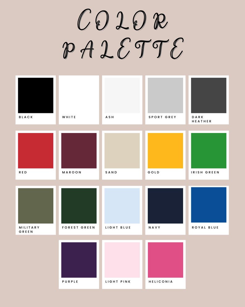 May include: A color palette chart featuring 18 color swatches, each labeled with a color name. Colors include black, white, red, gold, and various shades of green, blue, and pink. The words "COLOR PALETTE" are written in cursive at the top.