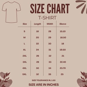 May include: A size chart for t-shirts, with measurements in inches. The chart includes sizes S to 5XL, listing length, width, and sleeve measurements. The text "SIZE CHART" is at the top, with "SIZE ARE IN INCHES" at the bottom.