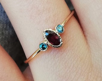 Diamond Halo And Ruby Engagement Ring-Three Stone Engagement Ring With Oval Ruby and Blue Diamonds On the Side- Romantic Ring With Heart
