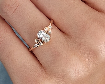 14K  Aquamarine Engagement Ring-Aquamarine and Diamond Ring For Woman- Oval Engagement Ring With Side Diamond-14k,18k Handmade Jewelry