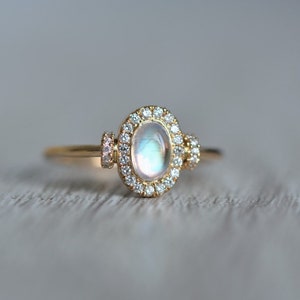 Oval Moonstone Engagement Ring Handcrafted 'Dream' Engagement Ring With Natural Moonstone and Diamonds I Moonstone Halo Engagement Ring imagem 5