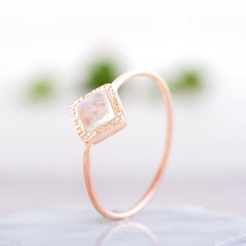 Natural Moonstone Ring in 14k Gold, Square Stone Ring, Gold Moonstone Ring, Handmade Gold ring, Natural Gemstone ring image 1