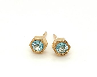 Aquamarine Stud Earrings- Solid 14k Gold Jewelry- Hexagon-Shape Earrings,- March Birthstone Gift For Her- Genuine Aquamarine Jewelry