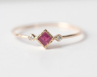 Ruby and Diamond Engagement Ring-Princess Cut Ruby and Diamond Ring-Three Stone Engagement Ring-Romantic Ring With Heart