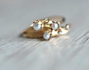 Handmade Lily of the Valley Pearl Ring in 14k Gold with Diamonds - Unique, One-of-a-Kind Floral Inspired Jewelry- Pearl and Diamond Ring