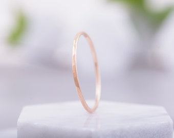 1.2mm Skinny Gold Band, 14k Gold Ring, Hammered Gold Band, Thin Wedding Ring, Wedding Jewelry