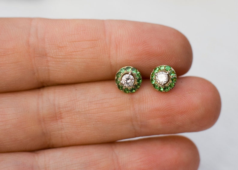 Green Earrings Halo Earrings Diamond Stud Earrings Etsy