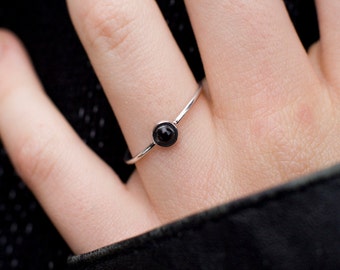 Black Onyx ring in Solid 14k White gold,  Minimalistic Black Stone Engagement  Ring- Minimal Ring - Anniversary, Birthday Gift- Handmade