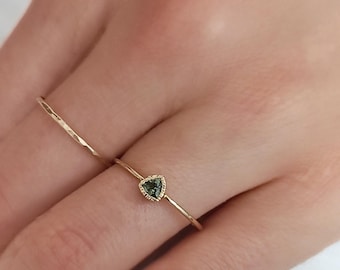 Dark Green Sapphire Ring Yellow Gold- Delicate,  Trillion Sapphire Engagement Ring-Sentimental Jewelry Gift For Her For Christmas