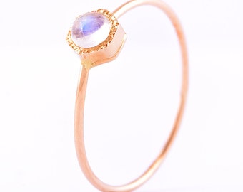 Dainty Hexagon Rainbow Moonstone Ring, Rose Gold Moonstone Ring, Minimalist Engagement Ring For Women, Valentine's Gift