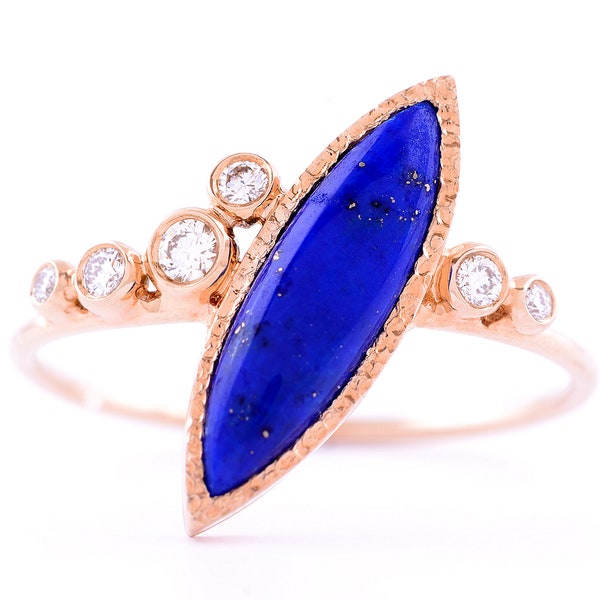 Lapis Lazuli  and Diamond Ring- Statement Ring- Solid 14k Gold Ring- Handmade and Unique Marquise Shape  Dark Blue Gemstone Ring With Heart