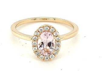 Anillo de compromiso con halo, anillo de morganita y diamantes, anillo de morganita ovalada en oro amarillo, blanco o rosa de 14 k, 18 k - joyería hecha a mano