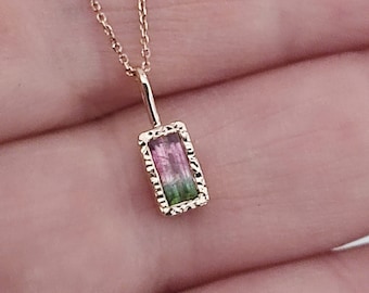 Rechteck Wassermelone Turmalin Anhänger - Massiv 14k Gold Anhänger - Turmalin Schmuck für Frau - Minimalistischer Schmuck - Geburtstag Geschenkidee