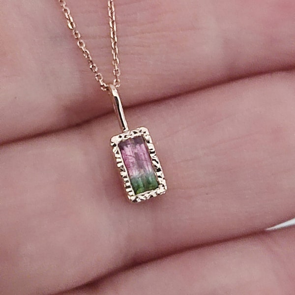 Rectangle Watermelon Tourmaline Pendant- Solid 14k Gold Pendant- Tourmaline Jewelry For Woman- Minimalistic  Jewelry- Birthday Gift Idea