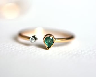 Open Engagement Ring- 14k Gold and Platinum Open Ring With Emerald And Diamonds-  Minimalistic Pear-shape  Emerald and Diamond  Wedding Ring