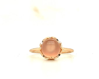 14K Rose Gold Pink Rose Quarts Ring Cabochon- One-Of-A-Kind Ring With Wave Motif- Anniversary, Birthday Gift For Woman- Unique Jewelry