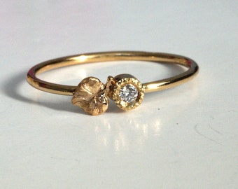Blatt Diamant Verlobungsring / Naturinspirierter Ring mit Blattmotiv | Einzigartiger 14k Gold Zarter Ring für Sie
