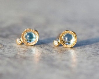 London Blue Topaz earrings, Round Blue Topaz Studs, Circle Gold earrings, Topaz and Diamonds earrings, Handmade Topaz Earrings, Holiday Gift