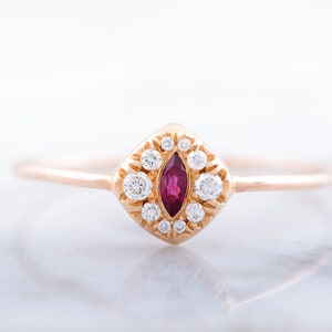 Halo Ruby And Diamond Engagement Ring-Marquise Cut Ruby And Diamond Ring Rose Gold Ruby Wedding Ring-Romantic Ring With Heart image 1