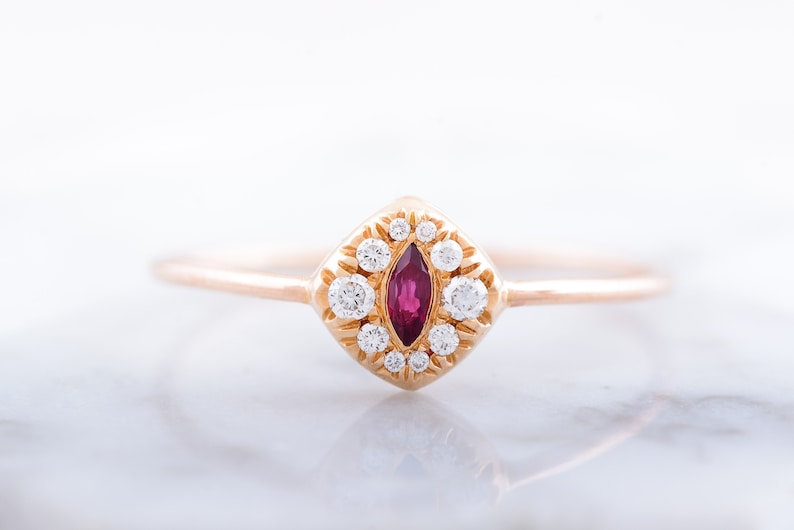 Halo Ruby And Diamond Engagement Ring-Marquise Cut Ruby And Diamond Ring Rose Gold Ruby Wedding Ring-Romantic Ring With Heart image 1