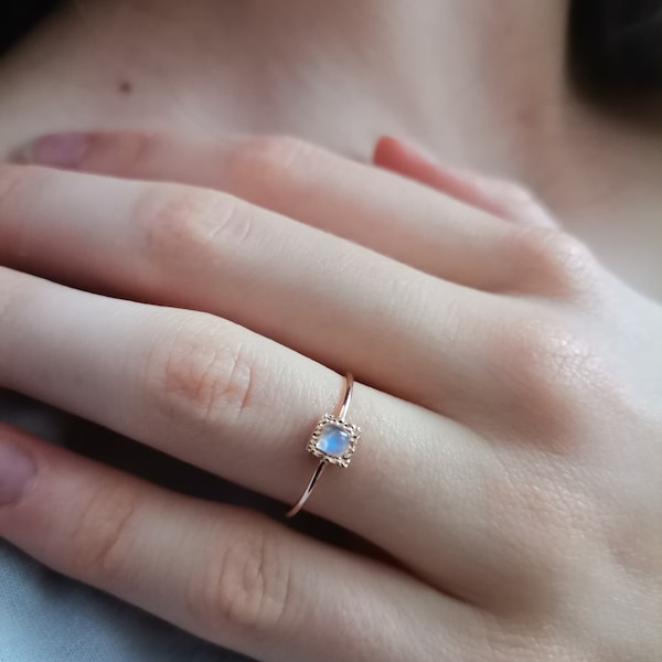 14K Rose Gold Rainbow Moonstone Ring- Dainty Square Moonstone Ring- Minimalistic Moonstone Ring With Secret Heart- June Birthstone Ring