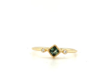 Anillo de zafiro verde azulado con diamantes- Anillo de compromiso de zafiro delicado minimalista- Anillo de compromiso cuadrado- Anillo de boda de zafiro