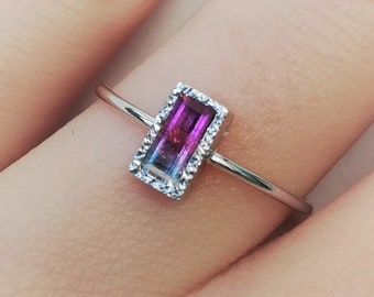 Handmade  Watermelon Tourmaline Ring in 14K White Gold- Rectangle Shape Bi-Color Tourmaline Ring With Heart- Minimalistic Jewelry For Woman