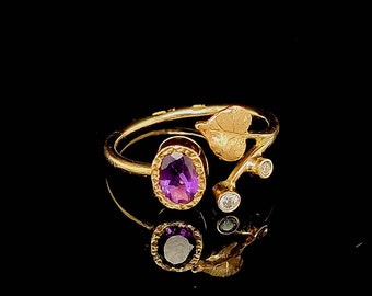 Artistic Engagement Ring - Spring Bud: Amethyst & Diamond with Leaf Motif-  Solid 14k Gold -Handmade  Ring For Someone Special