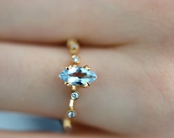 Handmade 14k Gold Marquise Aquamarine Diamond Engagement Ring