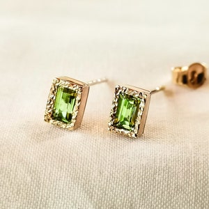 14k Gold Peridot Earrings Peridot Stud Earrings Rectangle Stone Solid 14k Yellow, White, Rose Gold Jewelry Gift For Women, Mom, Sister image 1