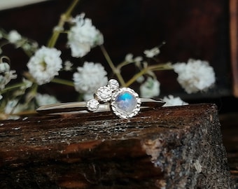 Yellow Gold Engagement Ring-Rainbow Moonstone and Diamond Ring-Delicate and  Unique  Gold Ring For Woman