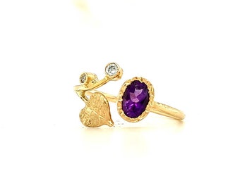Artistic Engagement Ring - Spring Bud: Amethyst & Diamond with Leaf Motif-  Solid 14k Gold -Handmade  Ring For Someone Special