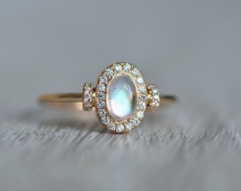 Oval Moonstone Engagement Ring | Handcrafted 'Dream' Engagement Ring With Natural Moonstone and Diamonds I  Moonstone Halo Engagement Ring