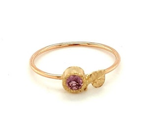 14K Gold Pink Sapphire Leaf Ring with Heart Accent -  September Birthstone Ring 14K Gold - Nature-Inspired & Handmade Jewelry-Romantic Gift