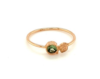 Handgemaakte ronde groene saffierring in 14K Rose Gold - Handgemaakte verlovingsring - 14K Rose Gold Natuur-geïnspireerde sieraden - Memorabel cadeau