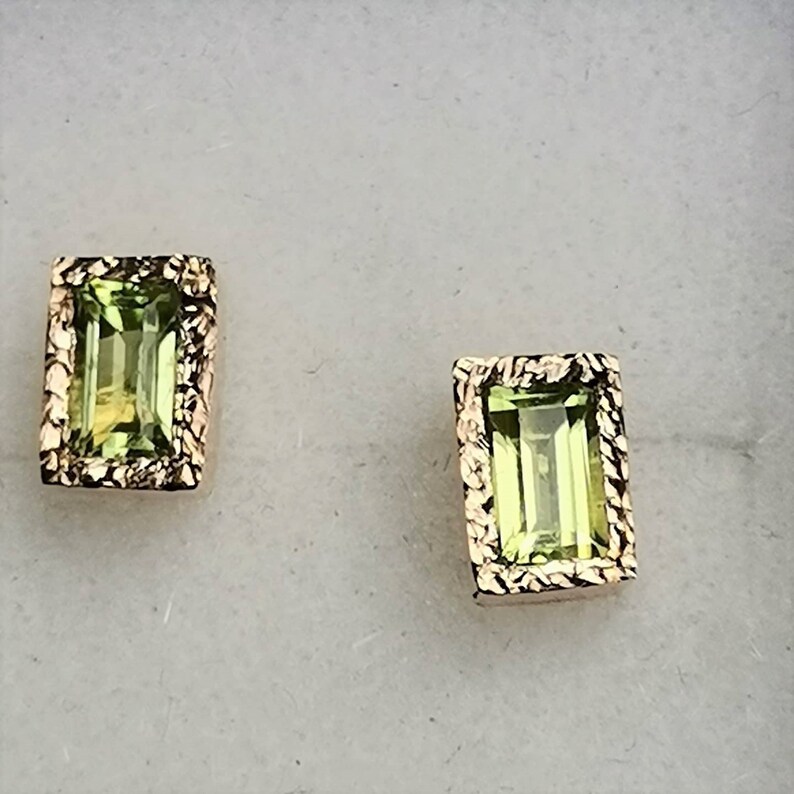 14k Gold Peridot Earrings Peridot Stud Earrings Rectangle Stone Solid 14k Yellow, White, Rose Gold Jewelry Gift For Women, Mom, Sister image 2